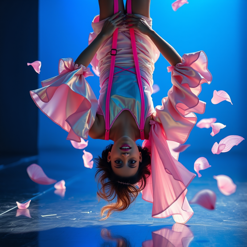 Woman in Pink Dress Falling with Petals