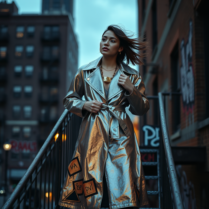 Woman in Metallic Coat on Urban Staircase