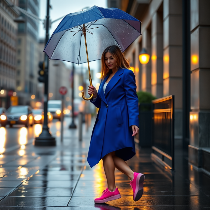 Woman in Blue Coat Holding Umbrella