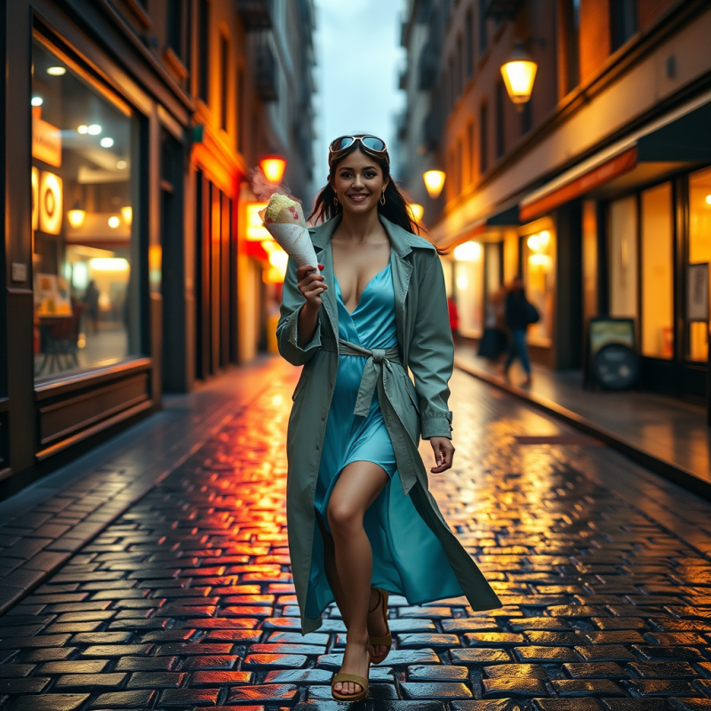 Woman in Blue Dress Holding Ice Cream