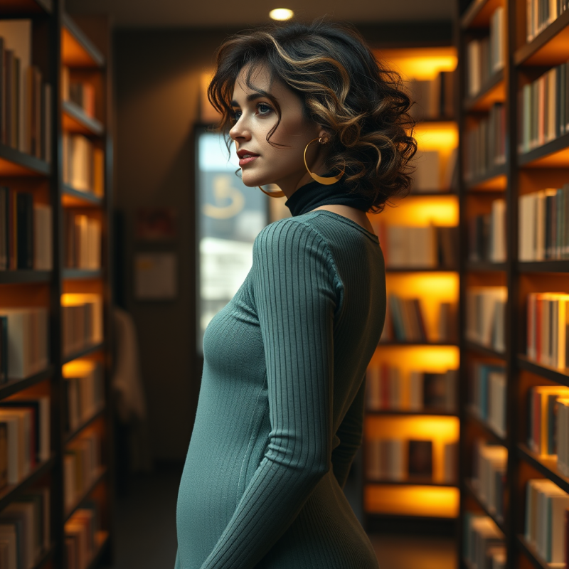 Woman in Library with Golden Earrings