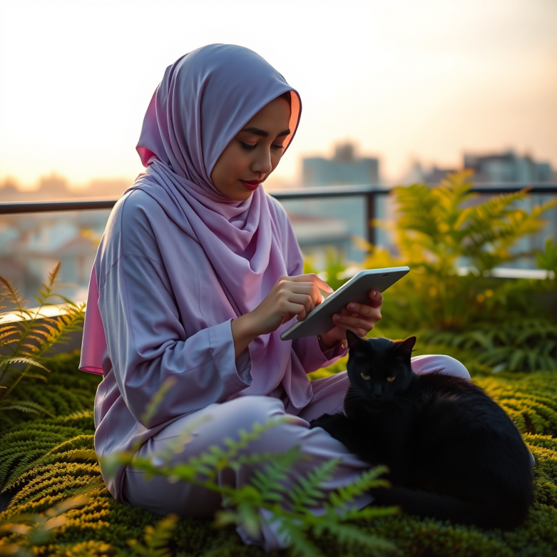 Woman in Hijab Using Tablet with Black Cat
