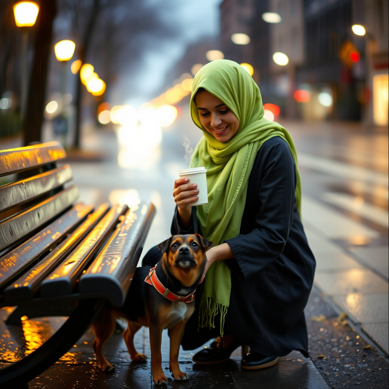 Woman with Dog Holding Coffee Cup