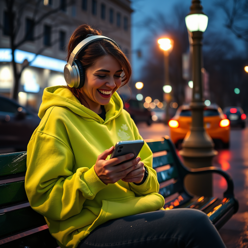 Woman in Yellow Hoodie on City Bench