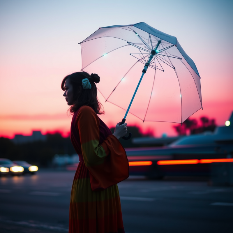 Woman Holding Umbrella at Sunset