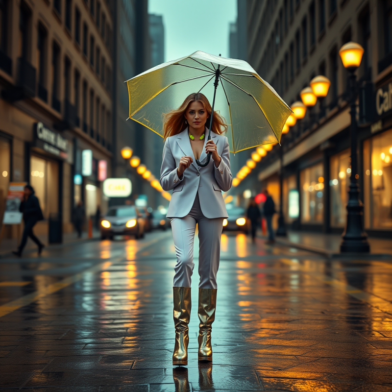 Woman in White Suit with Gold Umbrella