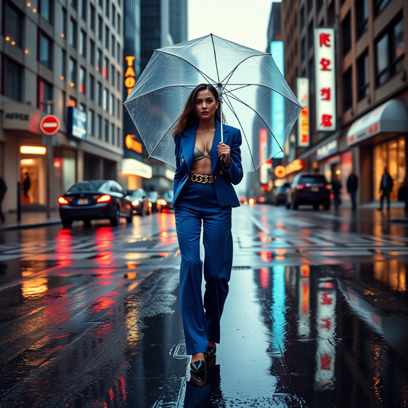 Woman in Blue Suit Holding Umbrella