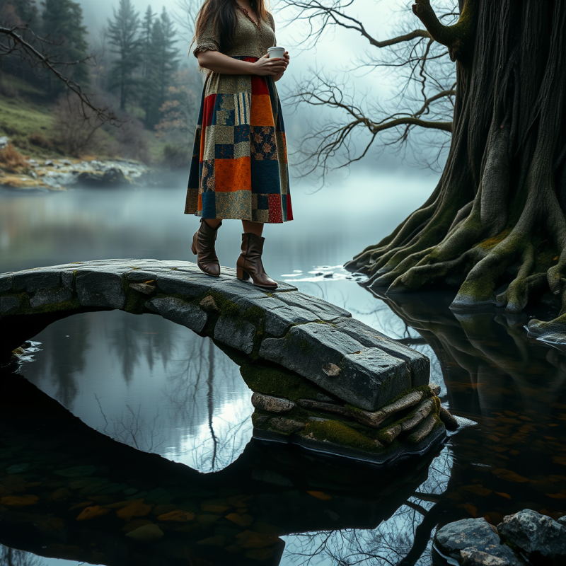 Woman in Patchwork Dress on Stone Bridge
