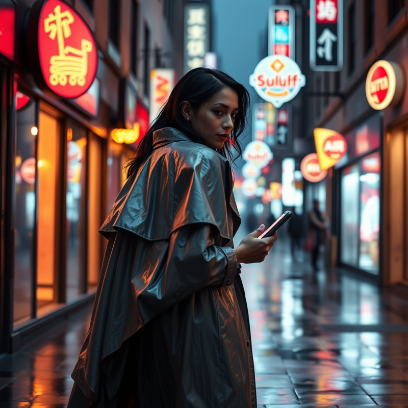 Woman in Raincoat on Neon Street