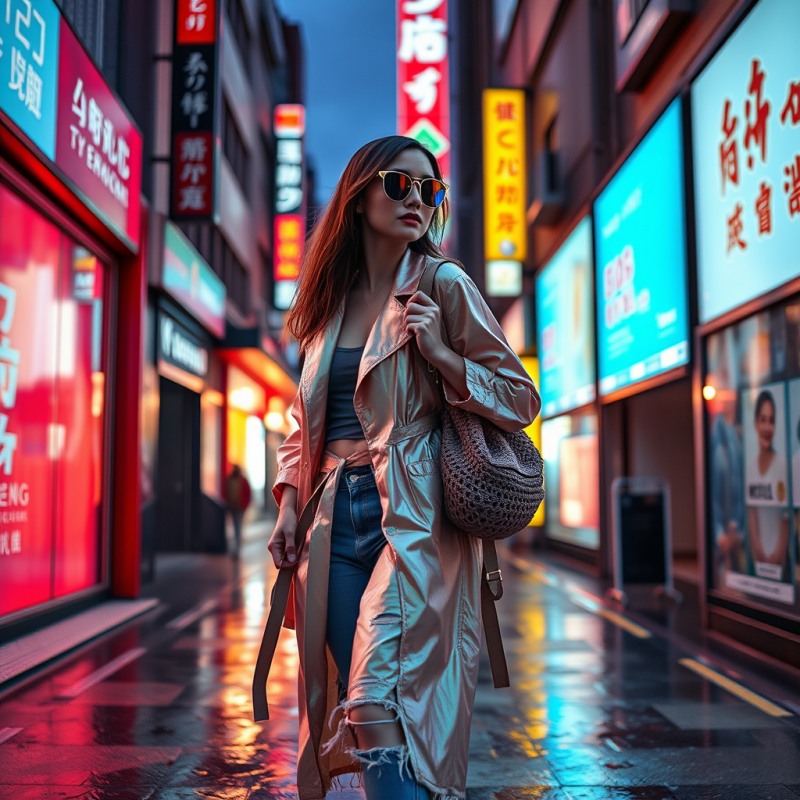 Woman in Sunglasses Walking Neon Street
