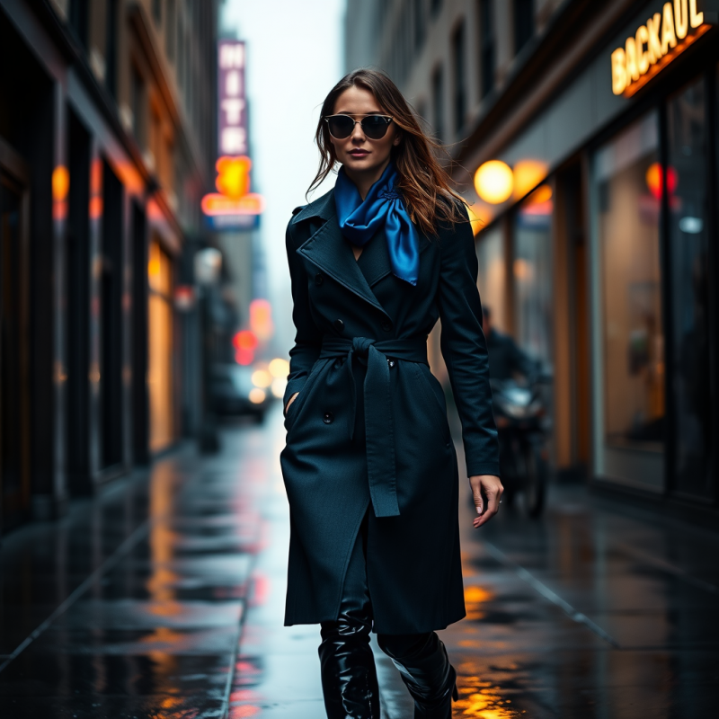 Woman in Blue Scarf Walking Rainy Street