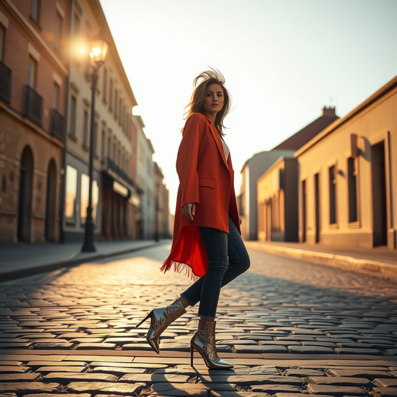 Woman in Red Blazer Walking Cobblestone Street
