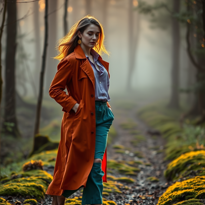 Woman in Orange Coat Walking Forest Path