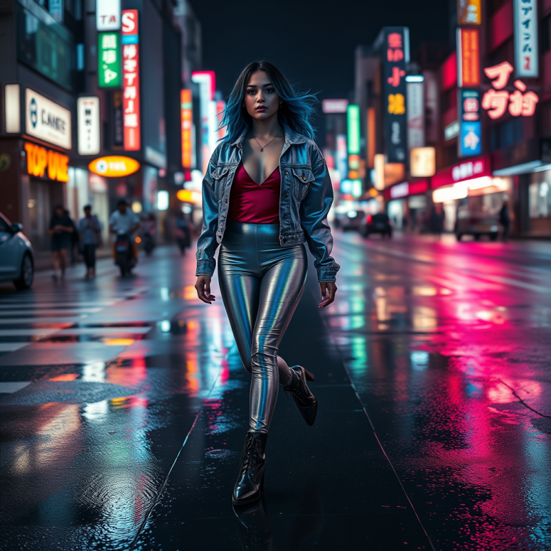 Woman in Metallic Pants on Neon Street