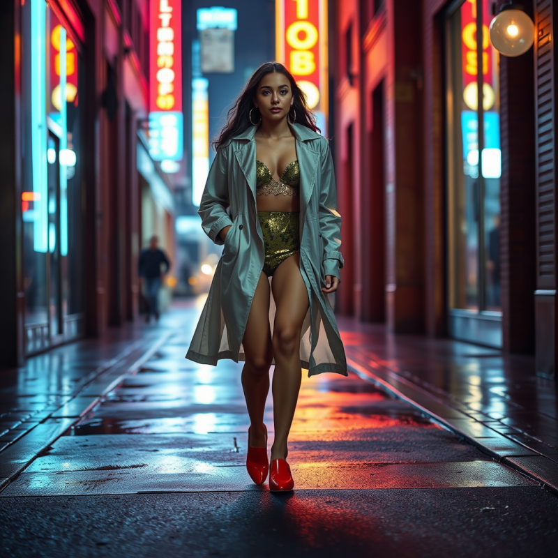 Woman in Gold Outfit Walking Neon Alley