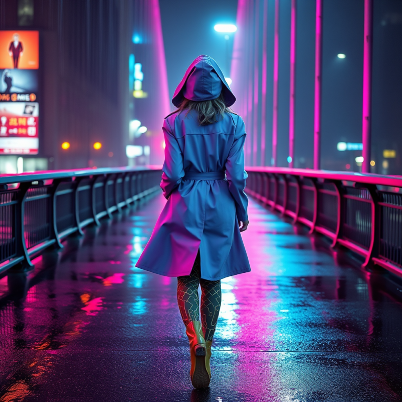 Woman in Blue Coat Walking on Neon Bridge