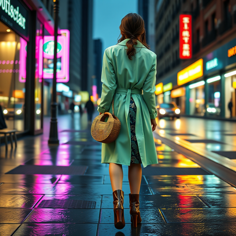 Woman in Green Coat Walking City Street