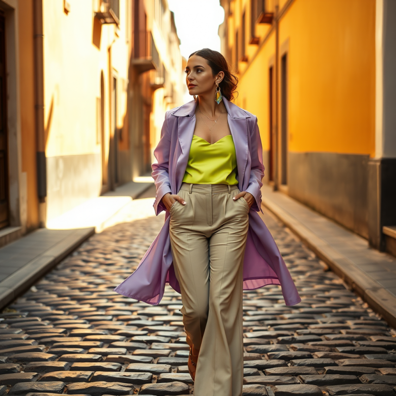 Woman in Purple Coat on Cobblestone Street