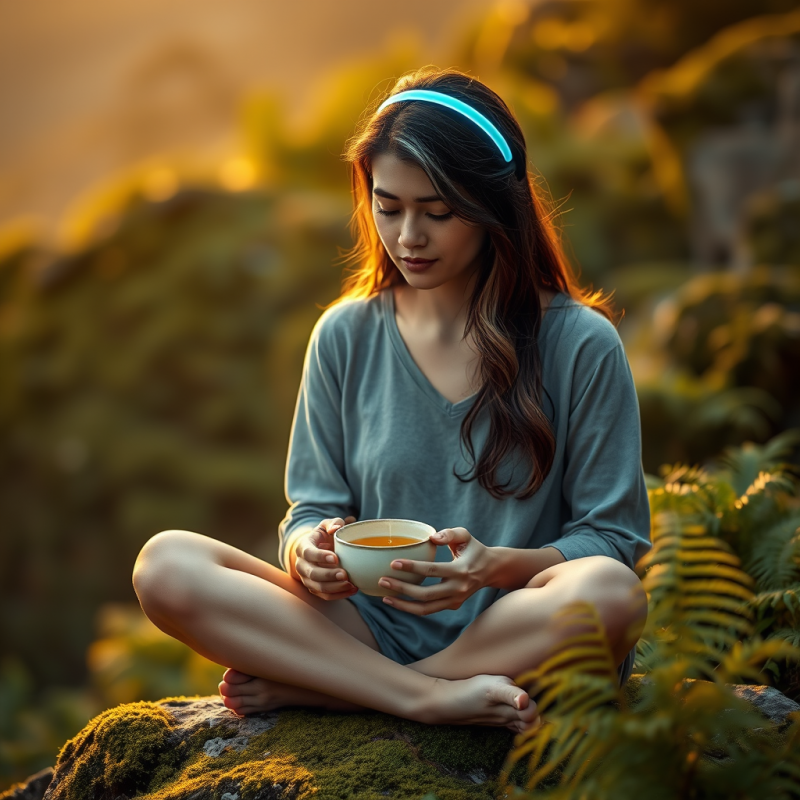 Woman with Neon Headband Drinking Tea