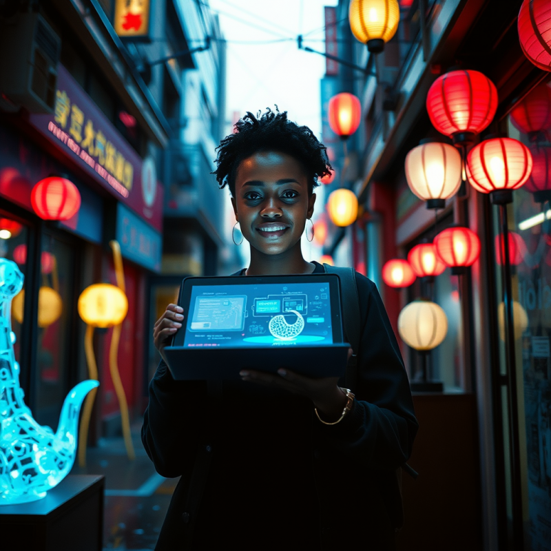 Woman Holding Tablet in Lantern Alley
