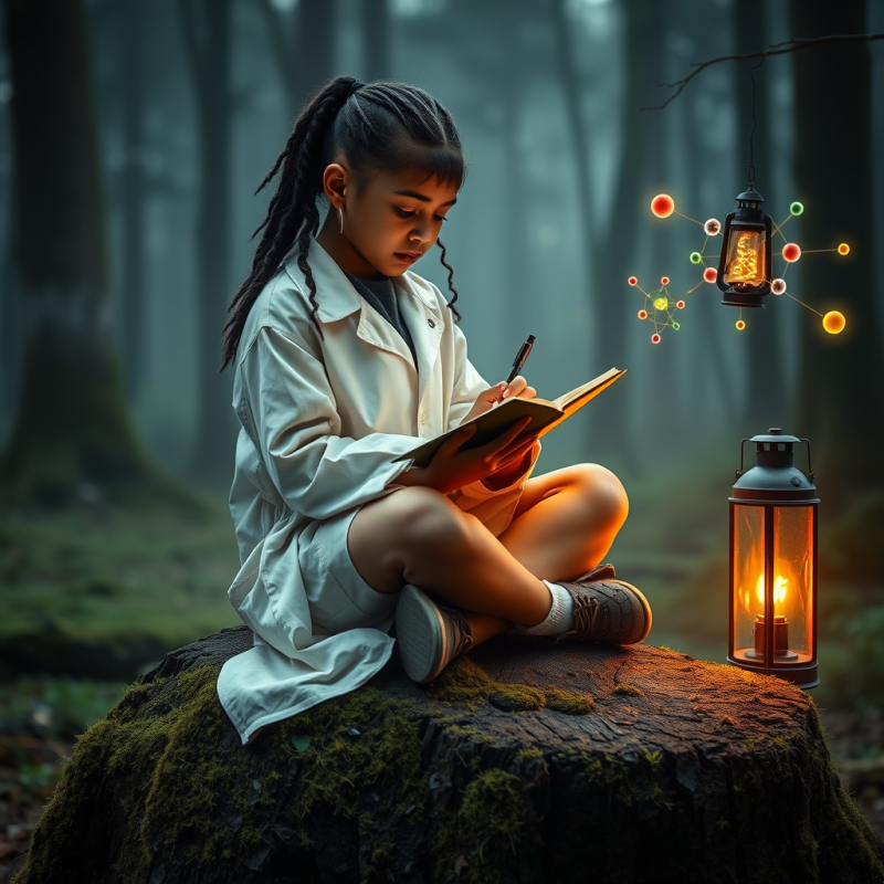 Young Scientist Writing in Forest