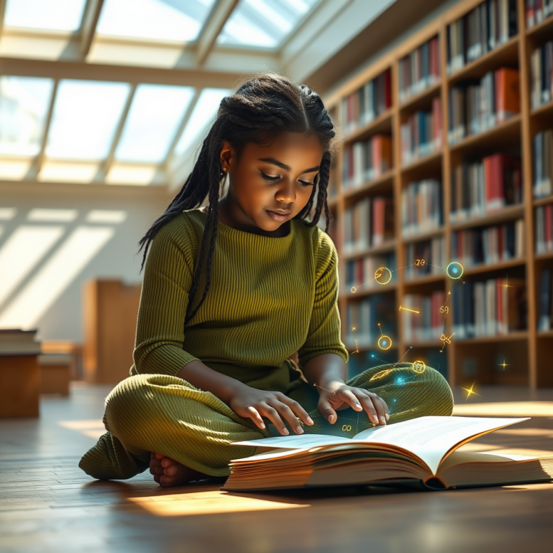 A Young Black Girl In A Moss-green Corduroy Dress Sits Cr...