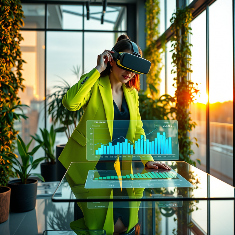 Businesswoman Using Vr Headset with Data