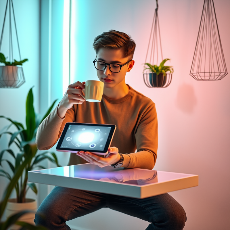 Young Man Using Tablet with Coffee