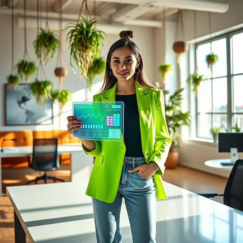 Woman in Green Blazer Holding Digital Tablet