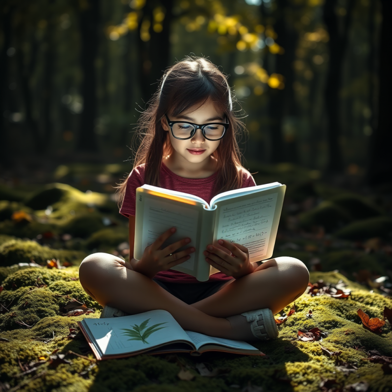 Girl Reading Book in Forest