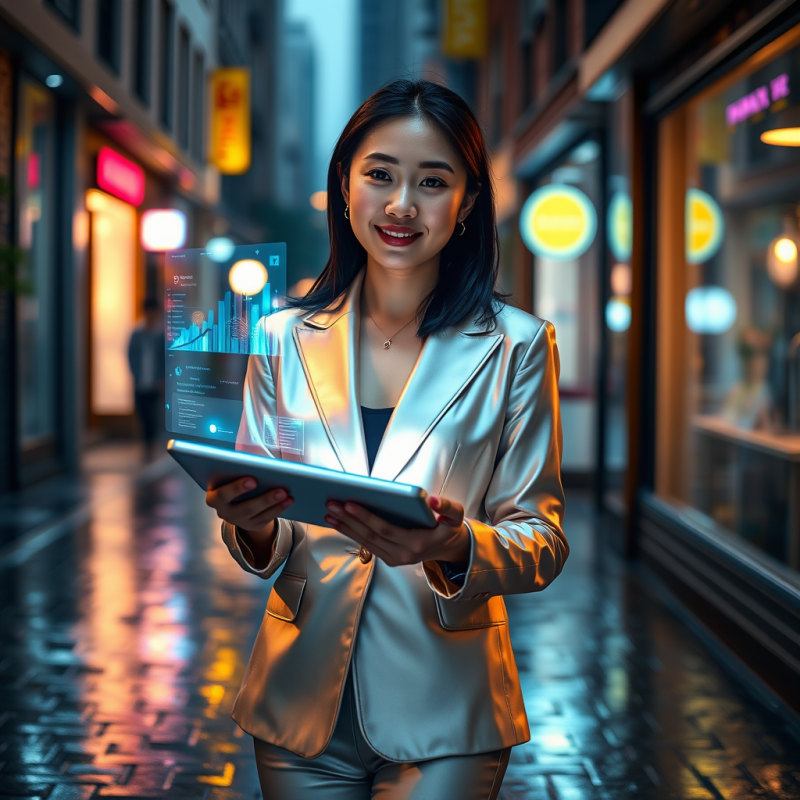 Businesswoman with Holographic Tablet