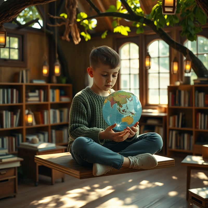 Boy Holding Glowing Globe in Library