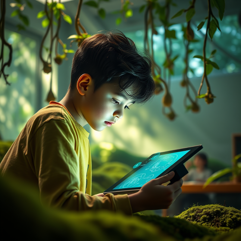 Boy Using Tablet in Greenhouse
