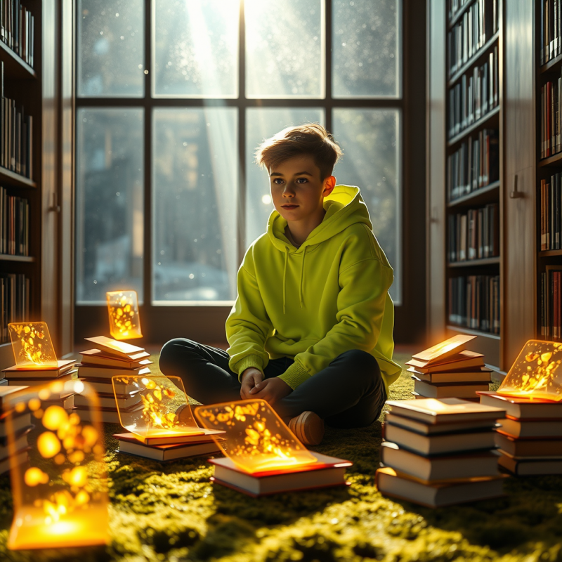 Boy in Green Hoodie Surrounded by Books
