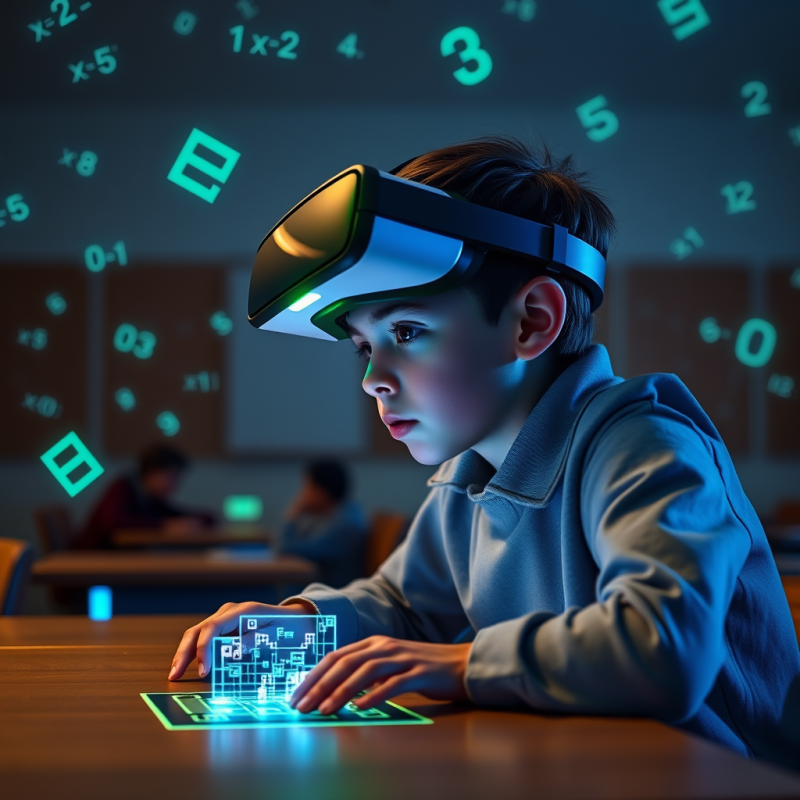 Boy Using Vr Headset in Classroom