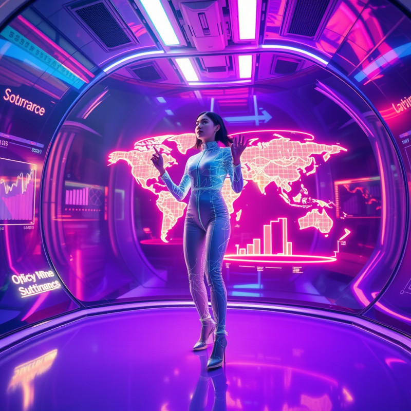 Woman in Futuristic Suit Interacting with World Map