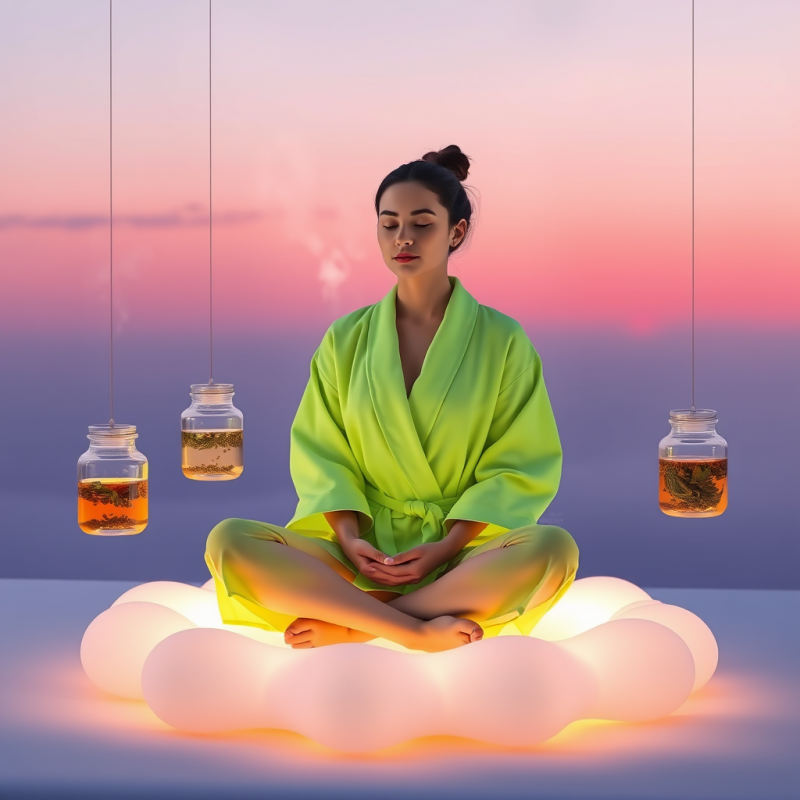 Woman Meditating on Glowing Cloud
