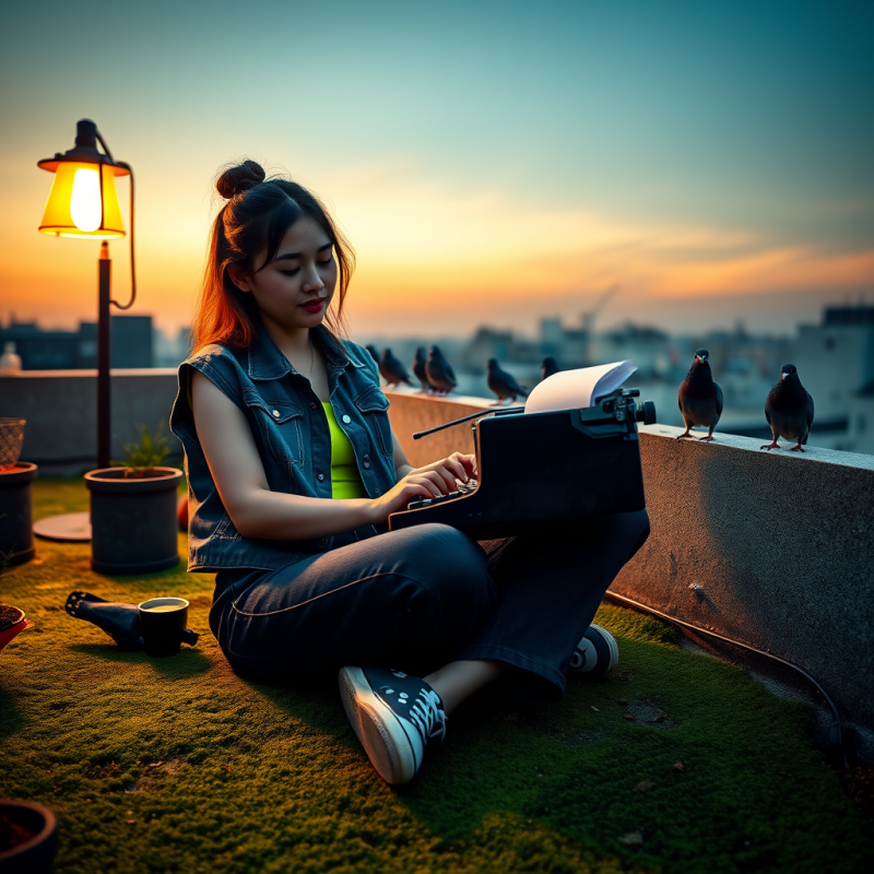 Young Woman Working on Laptop at Sunset