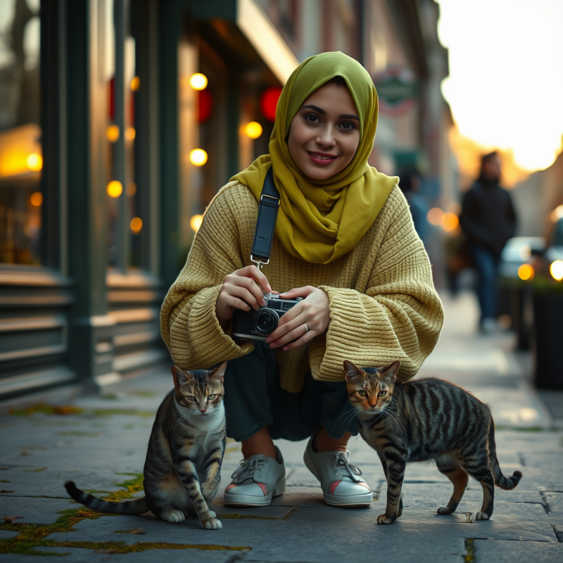 Woman with Camera and Two Cats