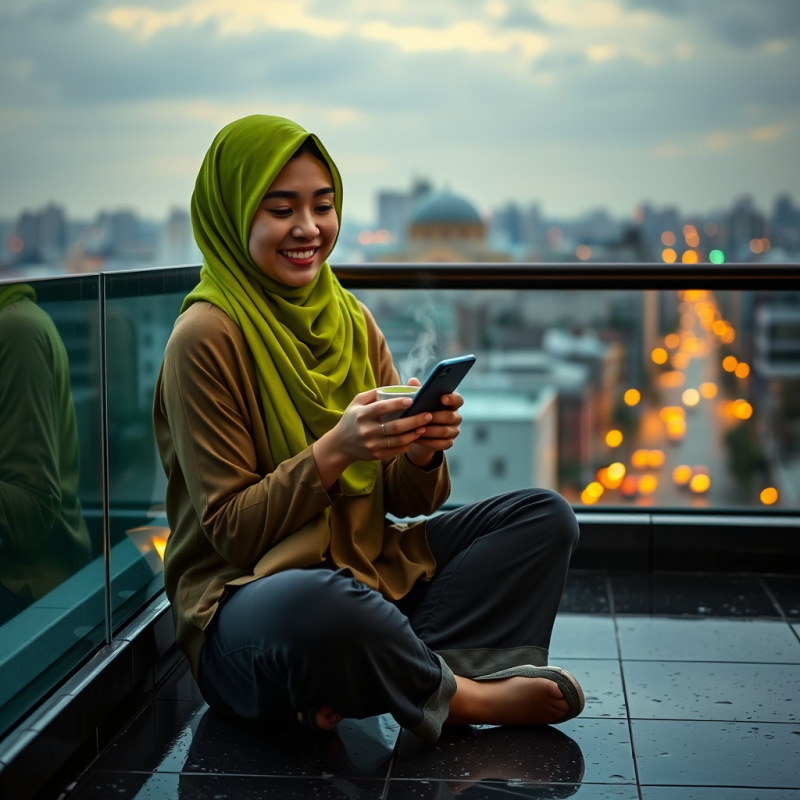 Woman in Green Hijab on Rooftop