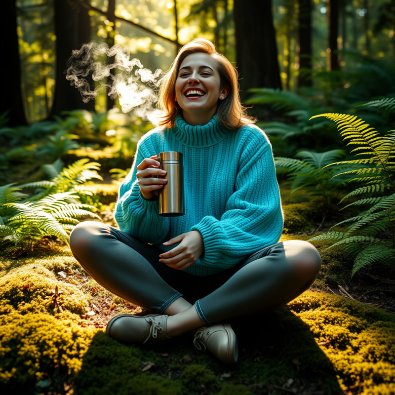 Woman Laughing with Hot Beverage in Forest