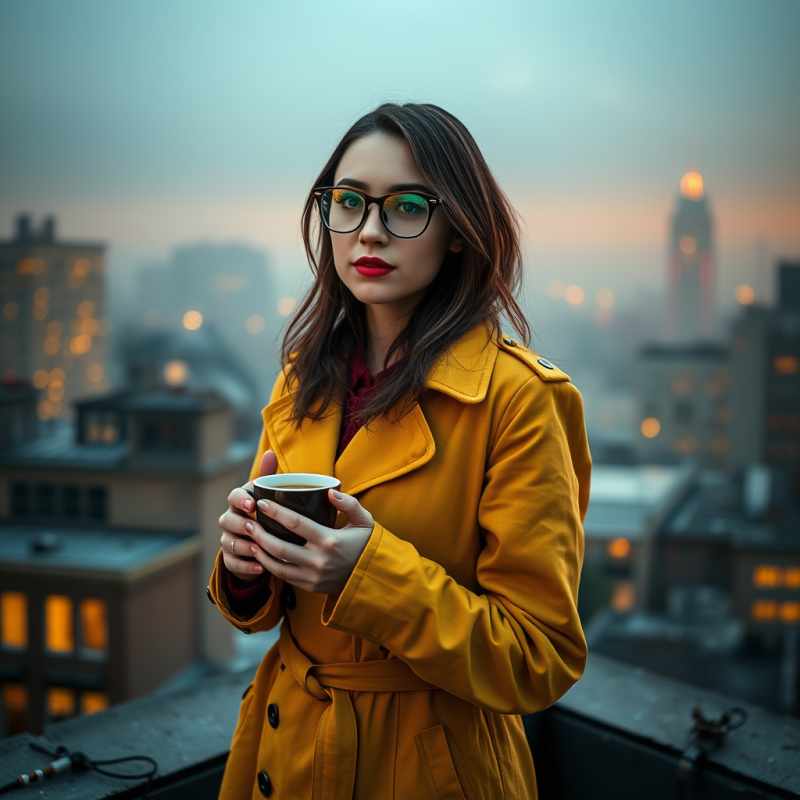 A Young Woman In A Vintage Mustard-yellow Trench Coat Sta...