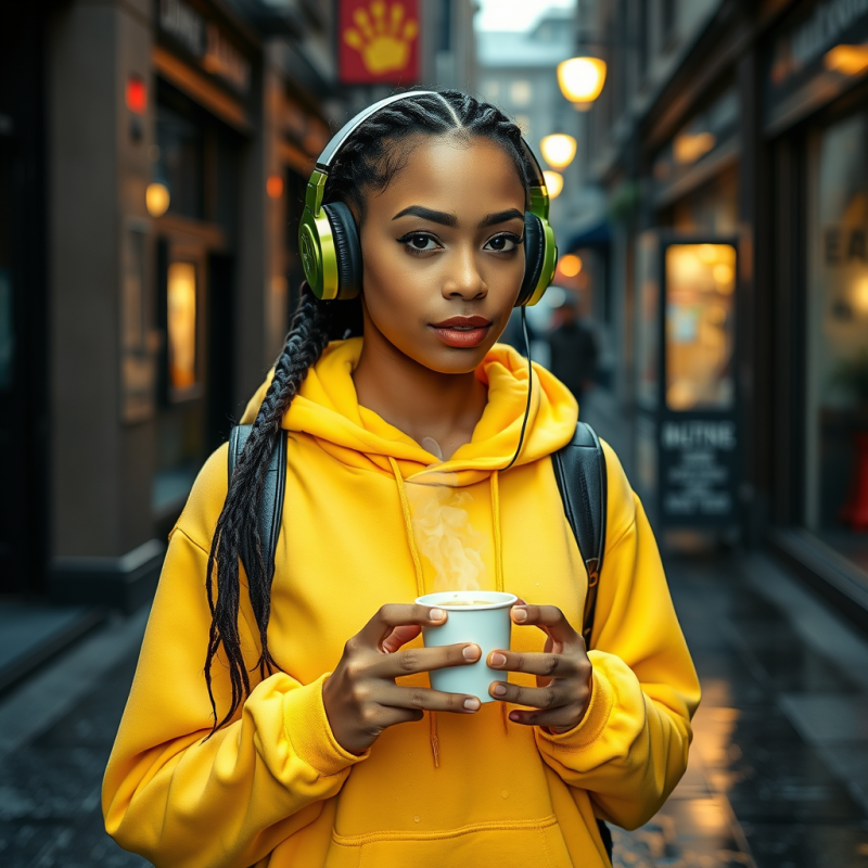 Young Woman in Yellow Hoodie with Coffee