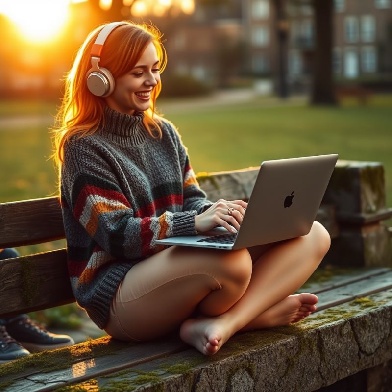 Woman with Headphones Using Laptop