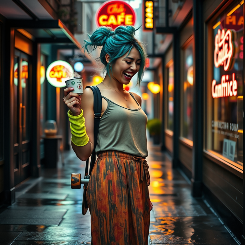 Woman with Blue Hair Holding Coffee
