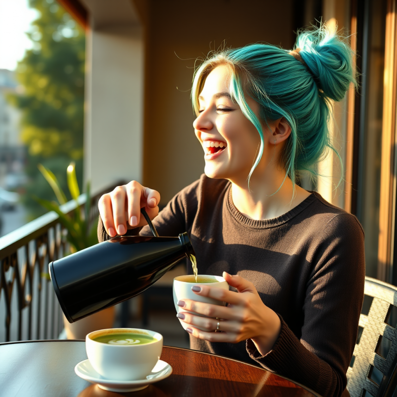 Woman with Blue Hair Pouring Matcha