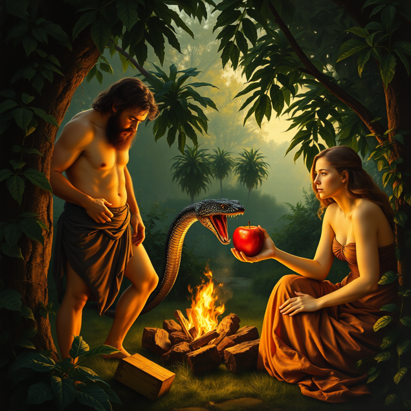 Adam and Eve with Serpent and Apple in Garden
