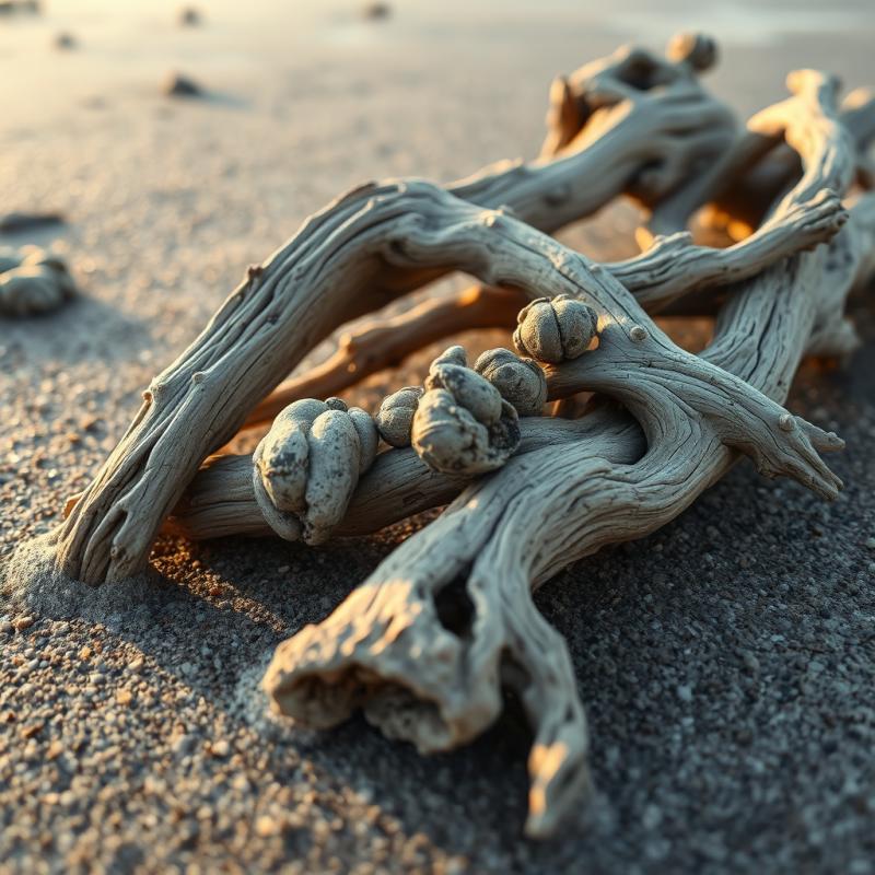Aerial Close-up of Sun-bleached Driftwood Intertwined Wit...