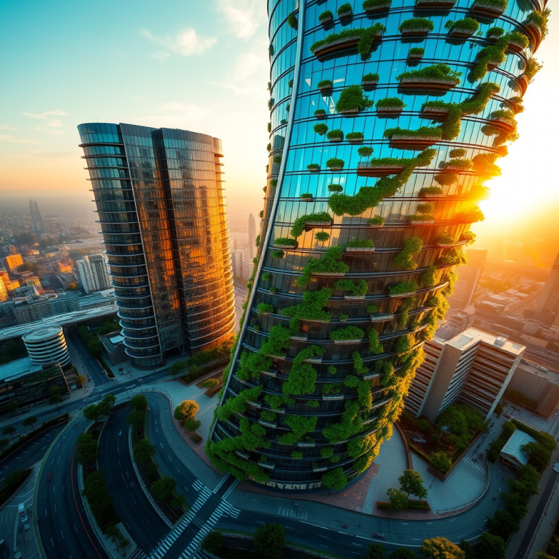 Aerial Drone Shot at Golden Hour of a Futuristic