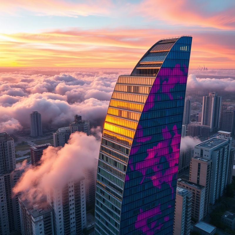 Aerial Drone Shot at Golden Hour of a Futuristic